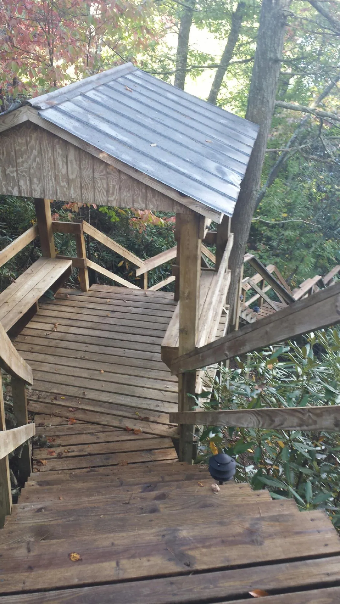 Metal roofed shelter over wooden steps on a wooded walkway — Skylight Repair & Installation work by our crew in Red Wing